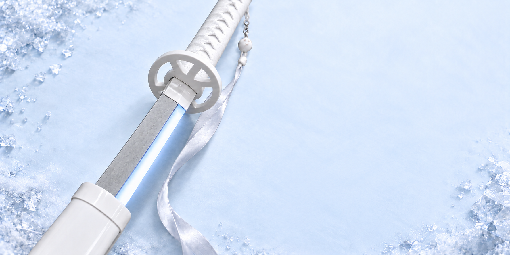 Close-up of the white wrapped handle, circular guard and illuminated blade, partially drawn from a white scabbard.